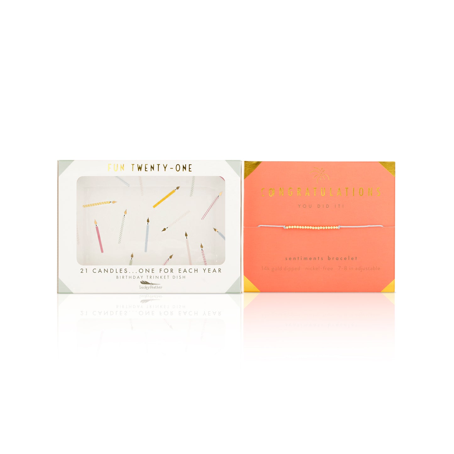 Two gift box sets, one a 'Fun Twenty-One' birthday trinket dish with candle illustrations, and the other a 'Congratulations' sentiment bracelet.