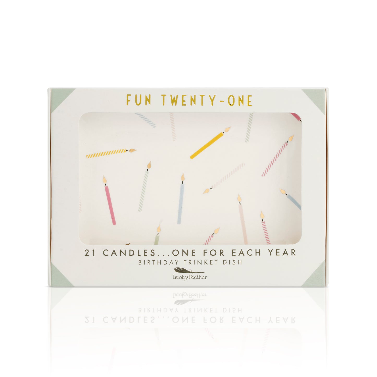 Boxed "Fun Twenty-One" birthday trinket dish featuring candle designs.