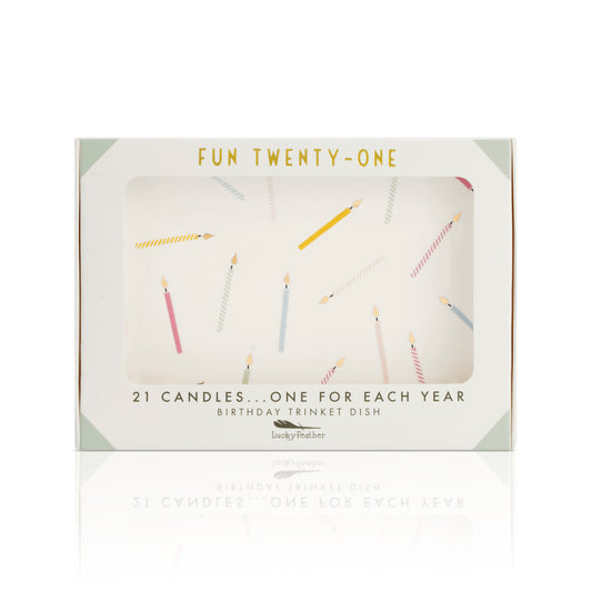 Boxed "Fun Twenty-One" birthday trinket dish featuring candle designs.
