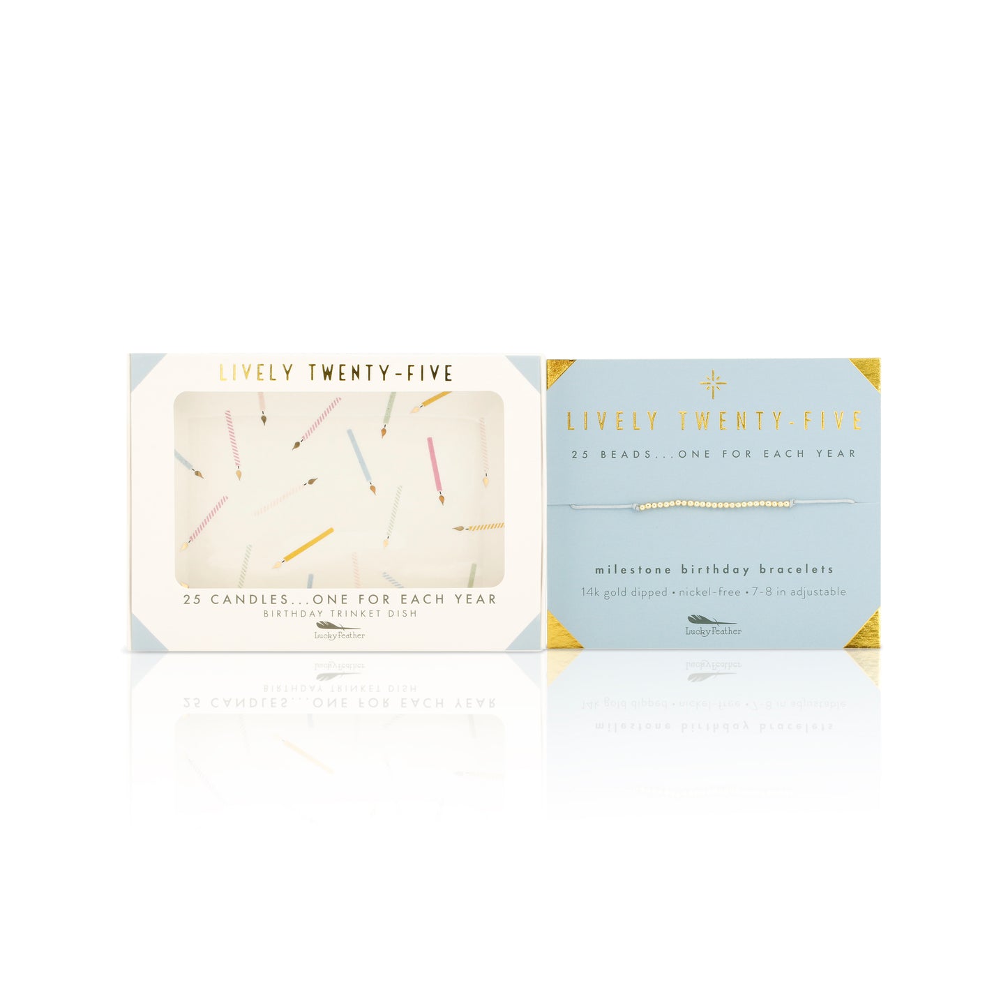 Two "Lively Twenty-Five" gift sets, one containing 25 birthday candles and the other a "milestone birthday bracelet," are reflected on a white surface.