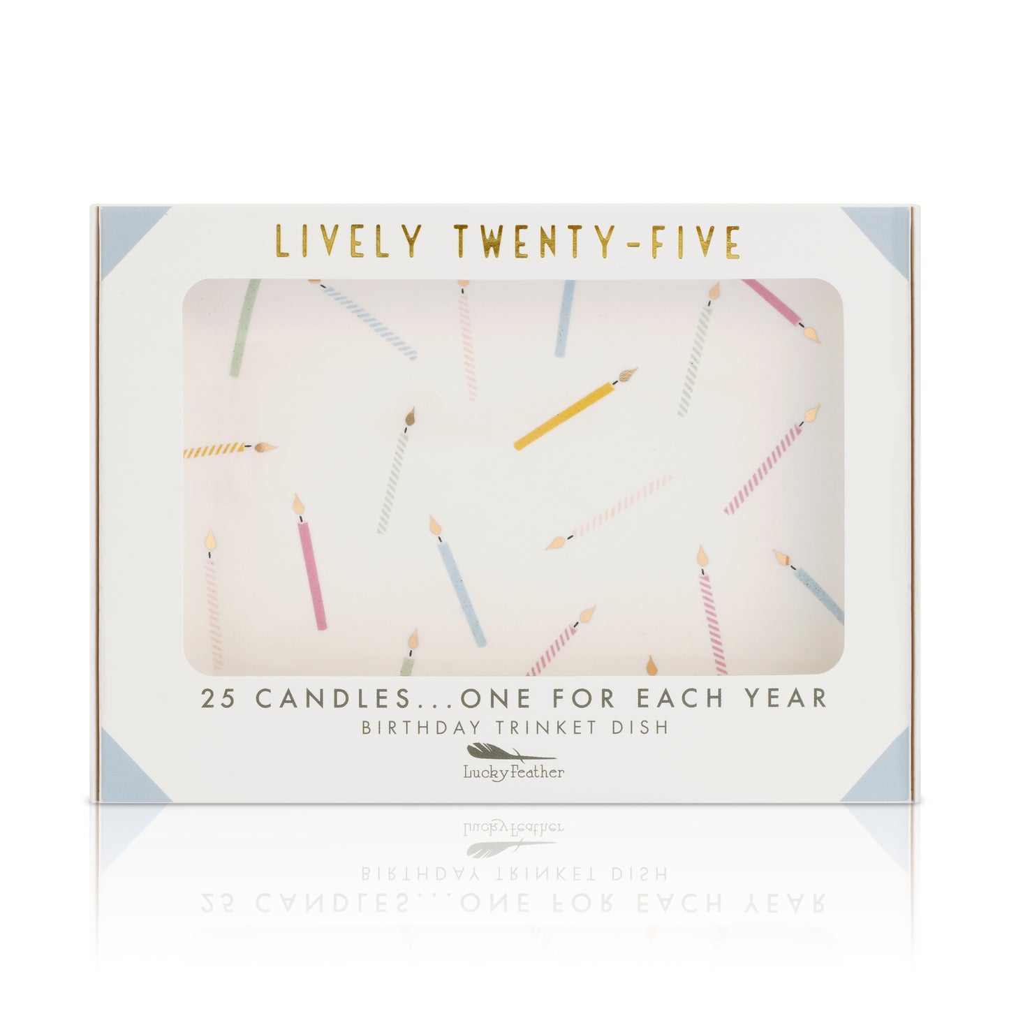 The image shows the packaging for a "Lucky Feather" birthday trinket dish with "Lively Twenty-Five" printed in gold and an illustration of 25 candles.