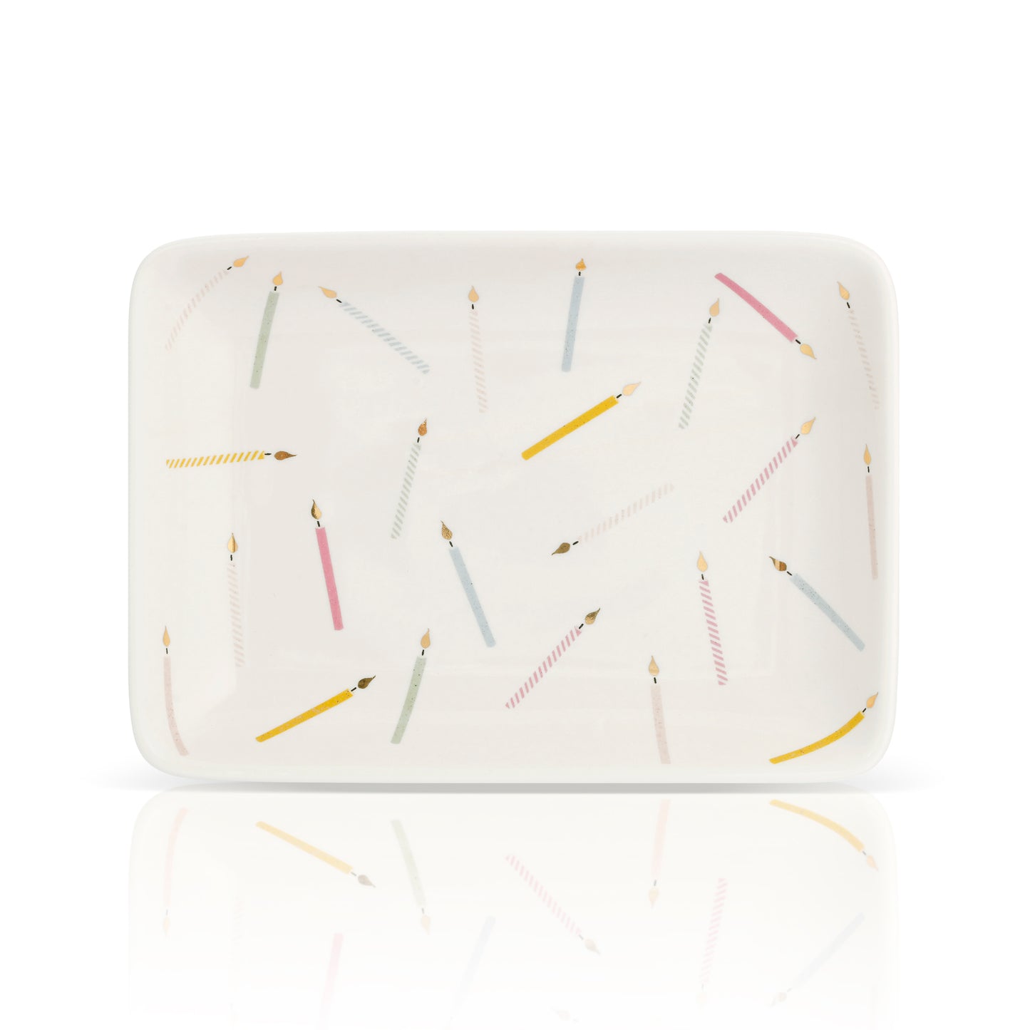 Rectangular tray with a pattern of lit birthday candles.