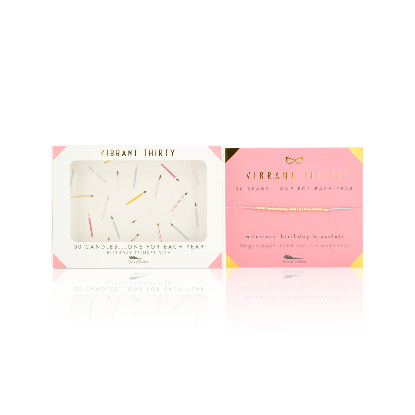 Two "Vibrant Thirty" gift sets are shown: a trinket dish filled with 30 candles and a bracelet with 30 beads.