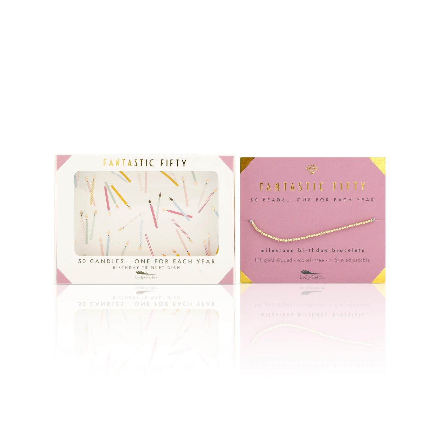 Two "Fantastic Fifty" gift items from Lucky Feather are displayed: a birthday trinket dish featuring candles and a 14k gold-dipped milestone birthday bracelet.