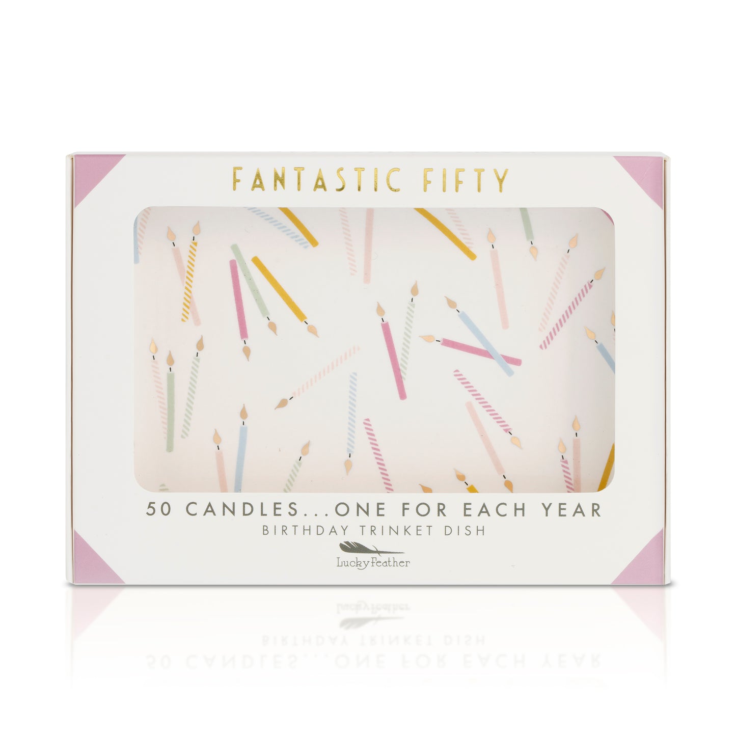 A "Fantastic Fifty" birthday trinket dish in its original packaging.