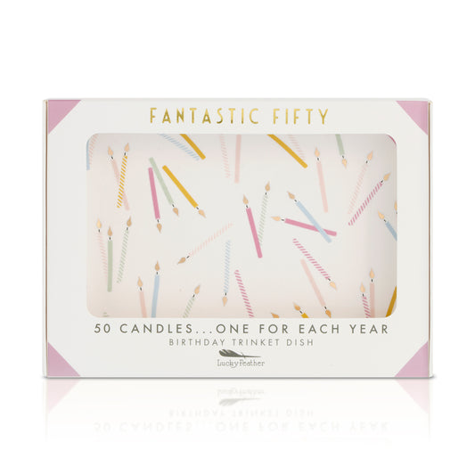 A "Fantastic Fifty" birthday trinket dish in its original packaging.