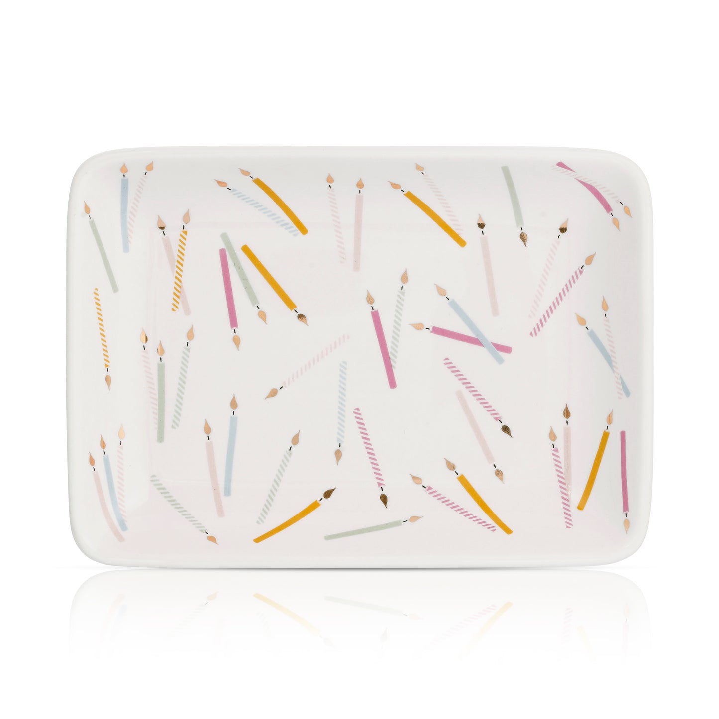 Rectangular serving platter decorated with a colorful candle pattern.