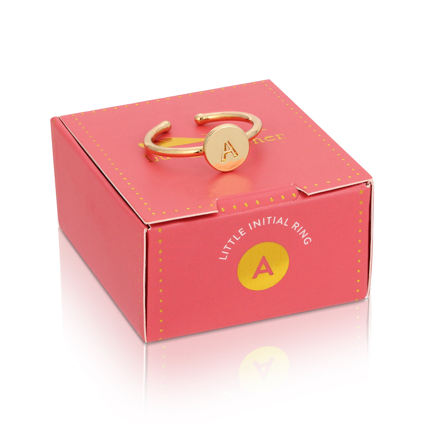 A ring with the letter "A" is sitting on top of a pink box labeled "Little Initial Ring."