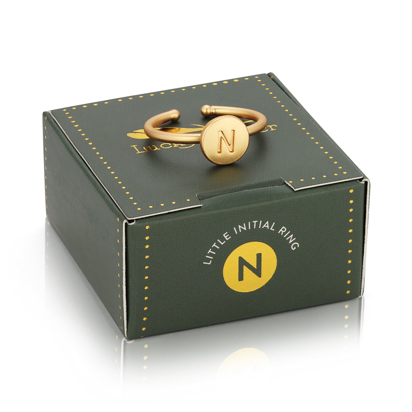A gold-toned initial ring with the letter "N" sits atop a green box labeled "Little Initial Ring."
