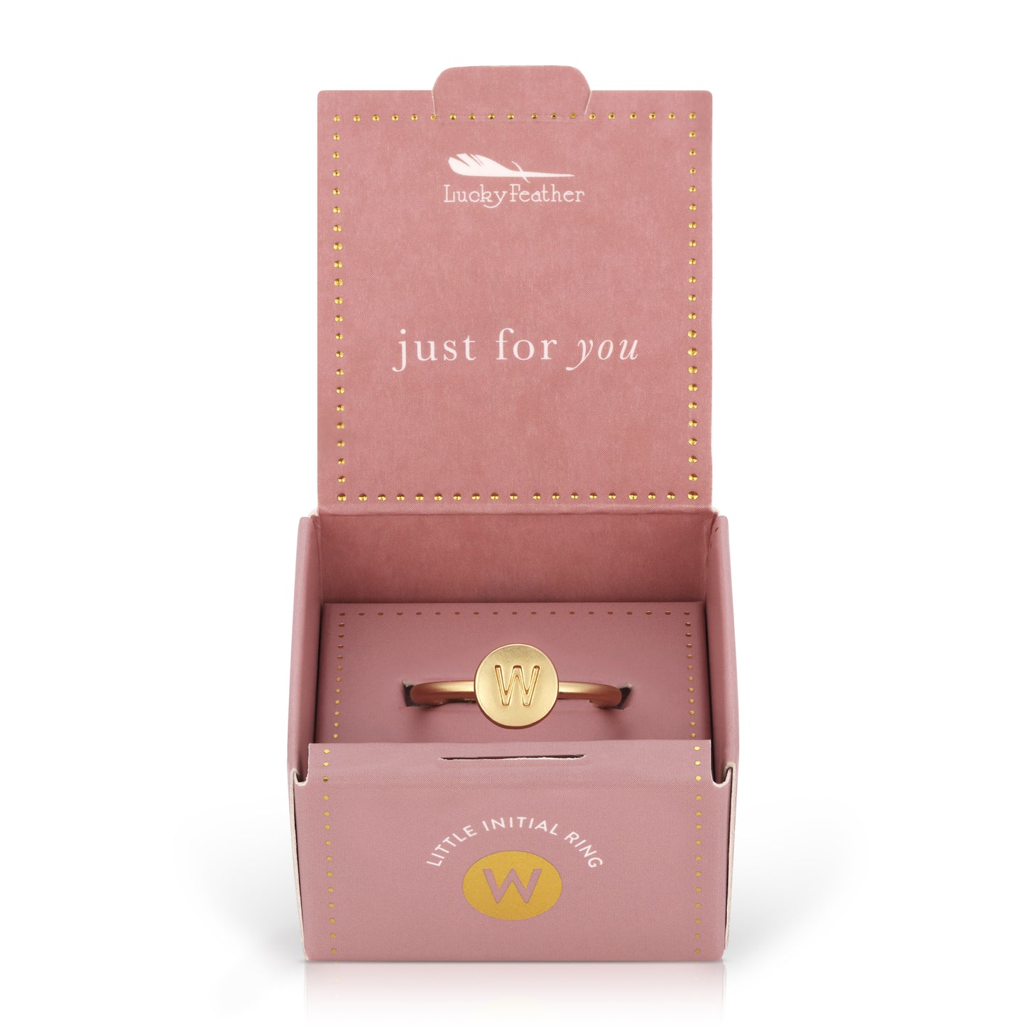 A gold-colored ring with the letter W is in an open pink box that says "Lucky Feather" and "just for you."