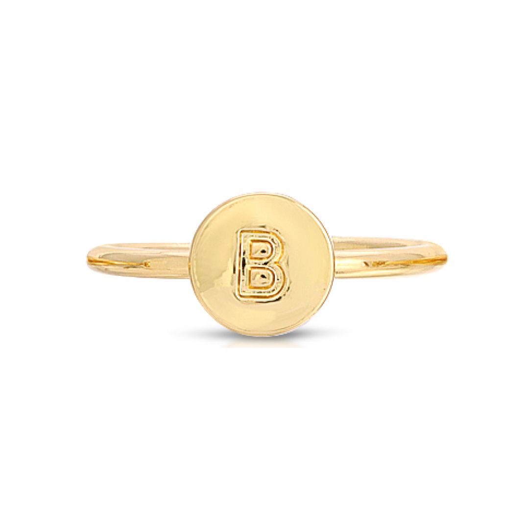 A gold ring with a circular face displaying the letter B.
