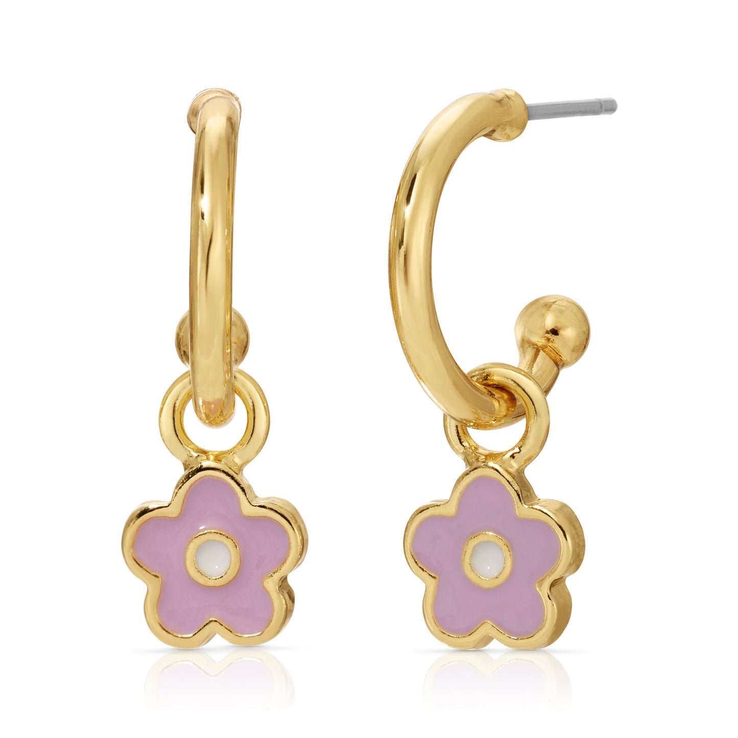 Two gold hoop earrings with lilac and white flower charms.