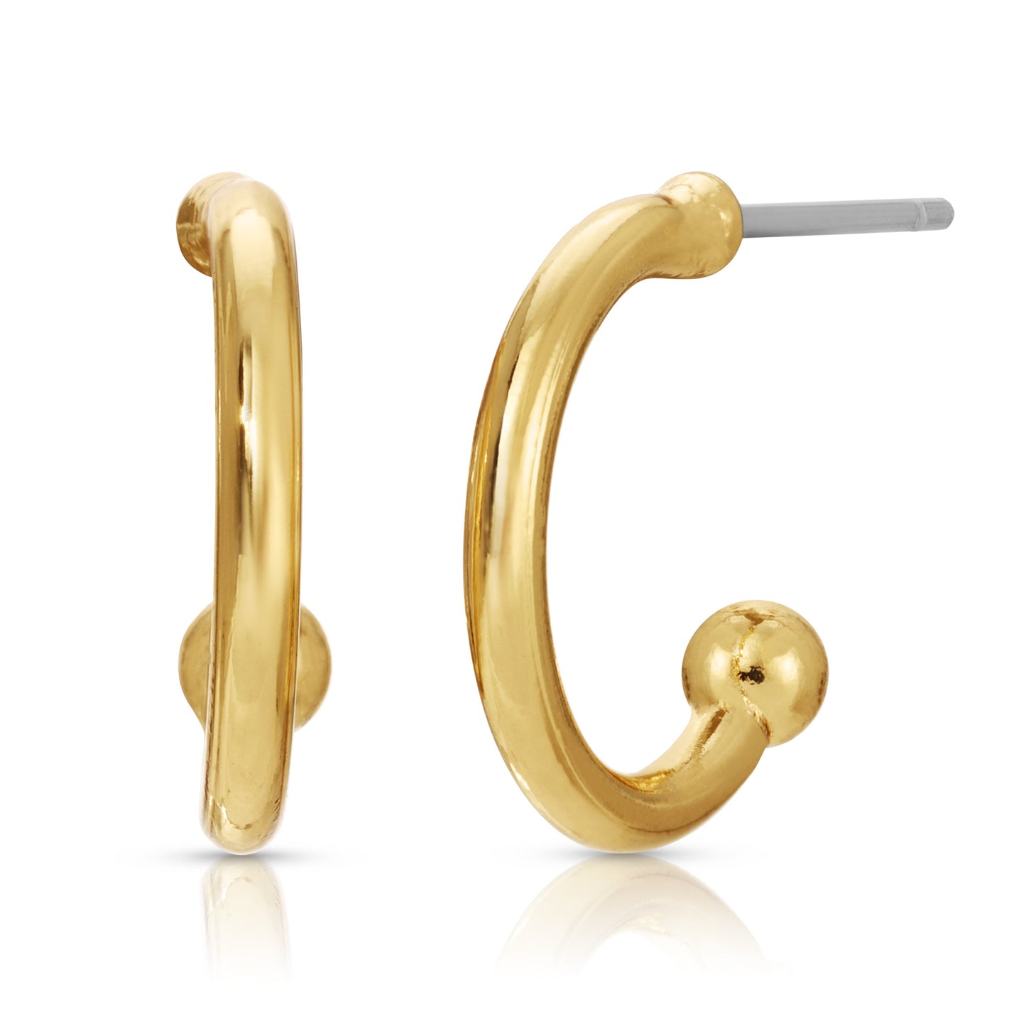 A pair of gold-colored hoop earrings with ball ends on a white background.