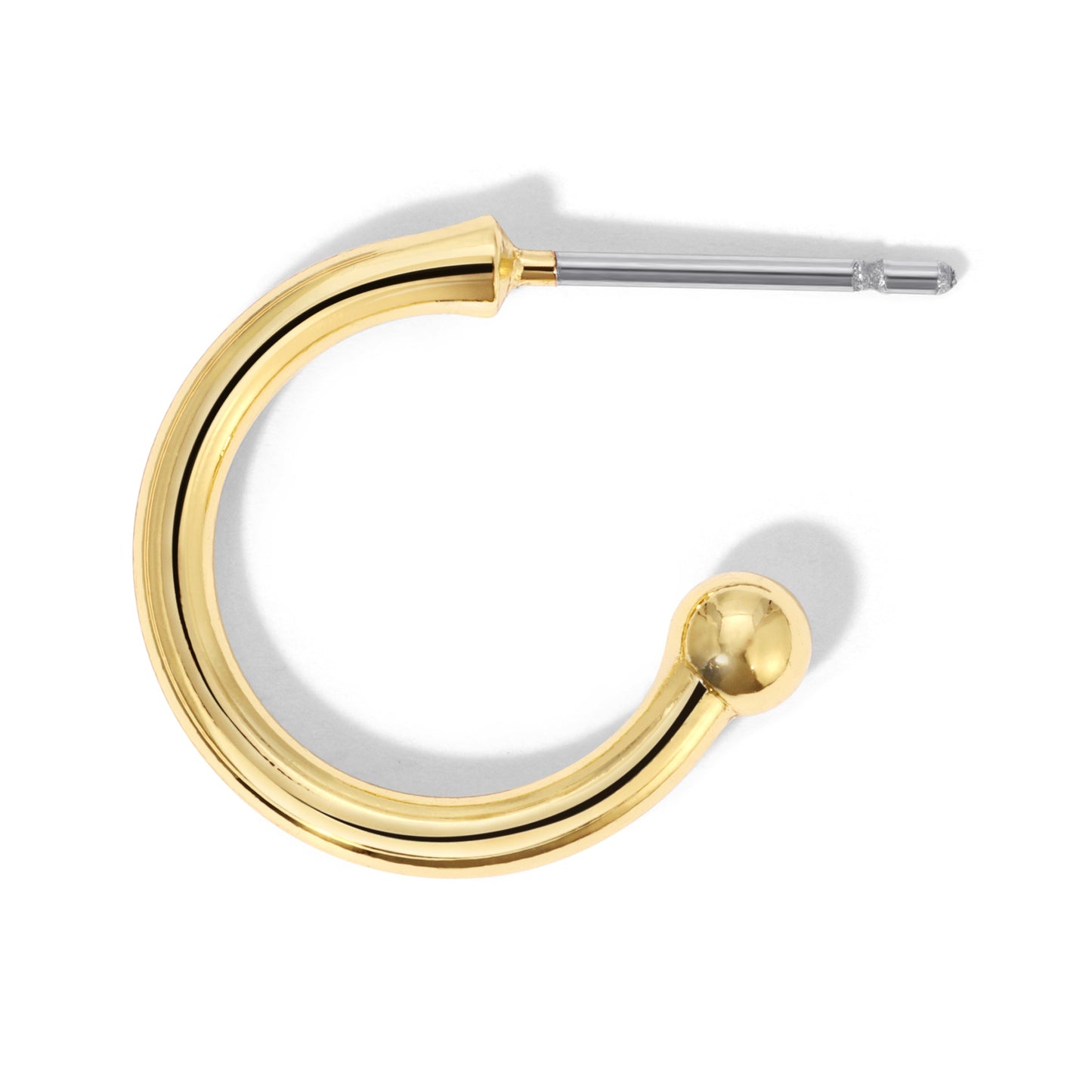 A gold-colored hoop earring with a metal post is displayed on a white background.