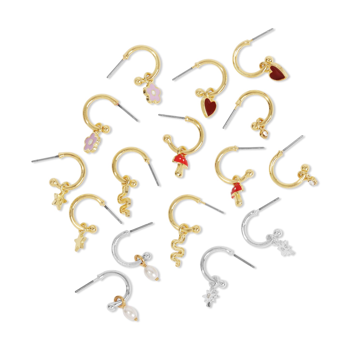 A collection of gold and silver hoop earrings with various charms, including flowers, hearts, mushrooms, stars, snakes, pearls, and rhinestones, arranged on a white surface.