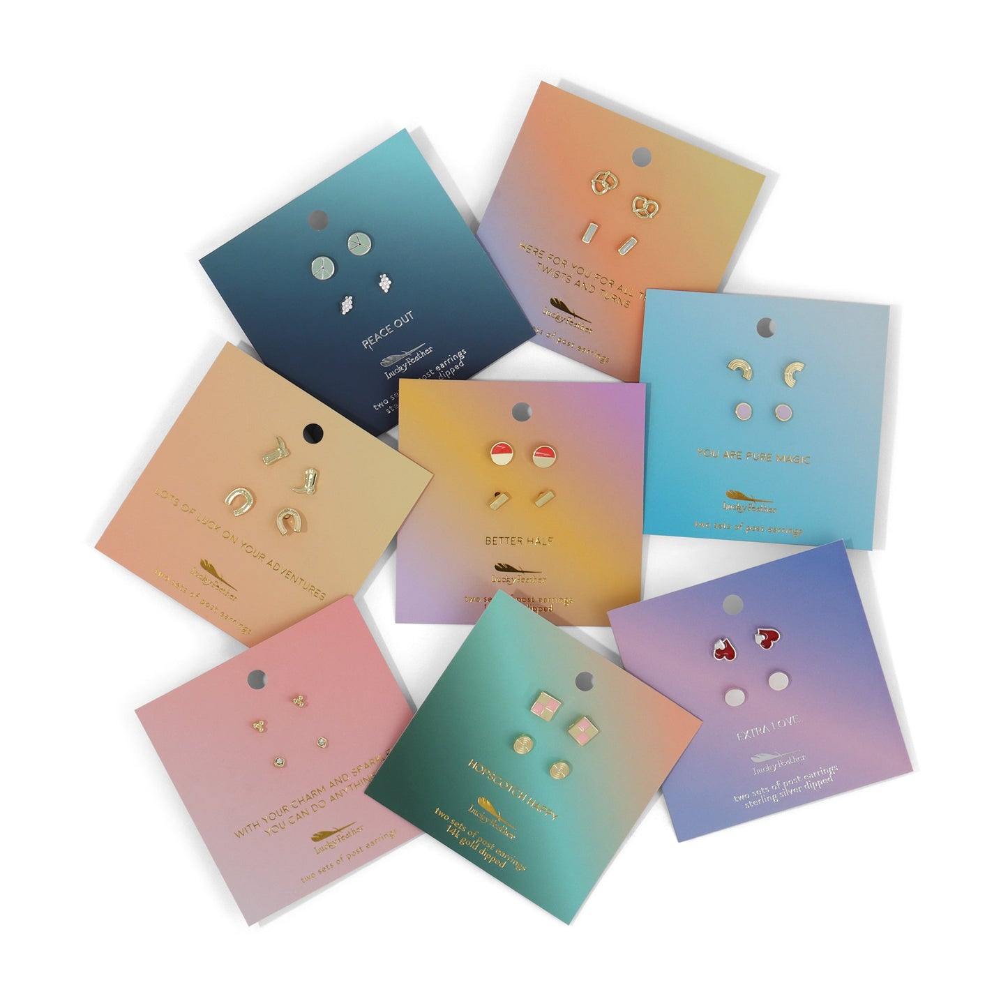 Eight sets of post earrings by Lucky Feather are displayed on gradient cards.
