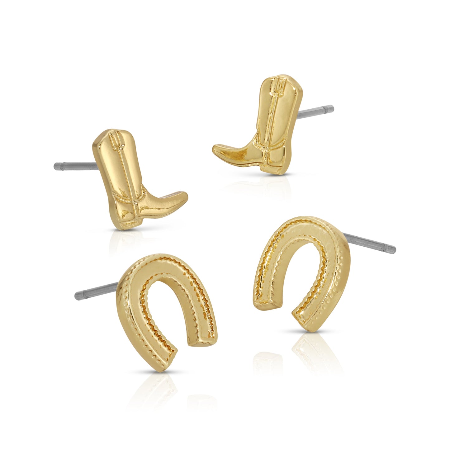The image shows four gold-colored stud earrings in the shapes of cowboy boots and horseshoes against a white background.
