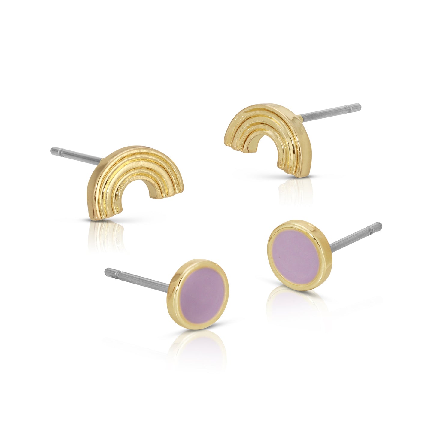 Four stud earrings: two gold rainbow shaped and two gold-rimmed lilac circles.
