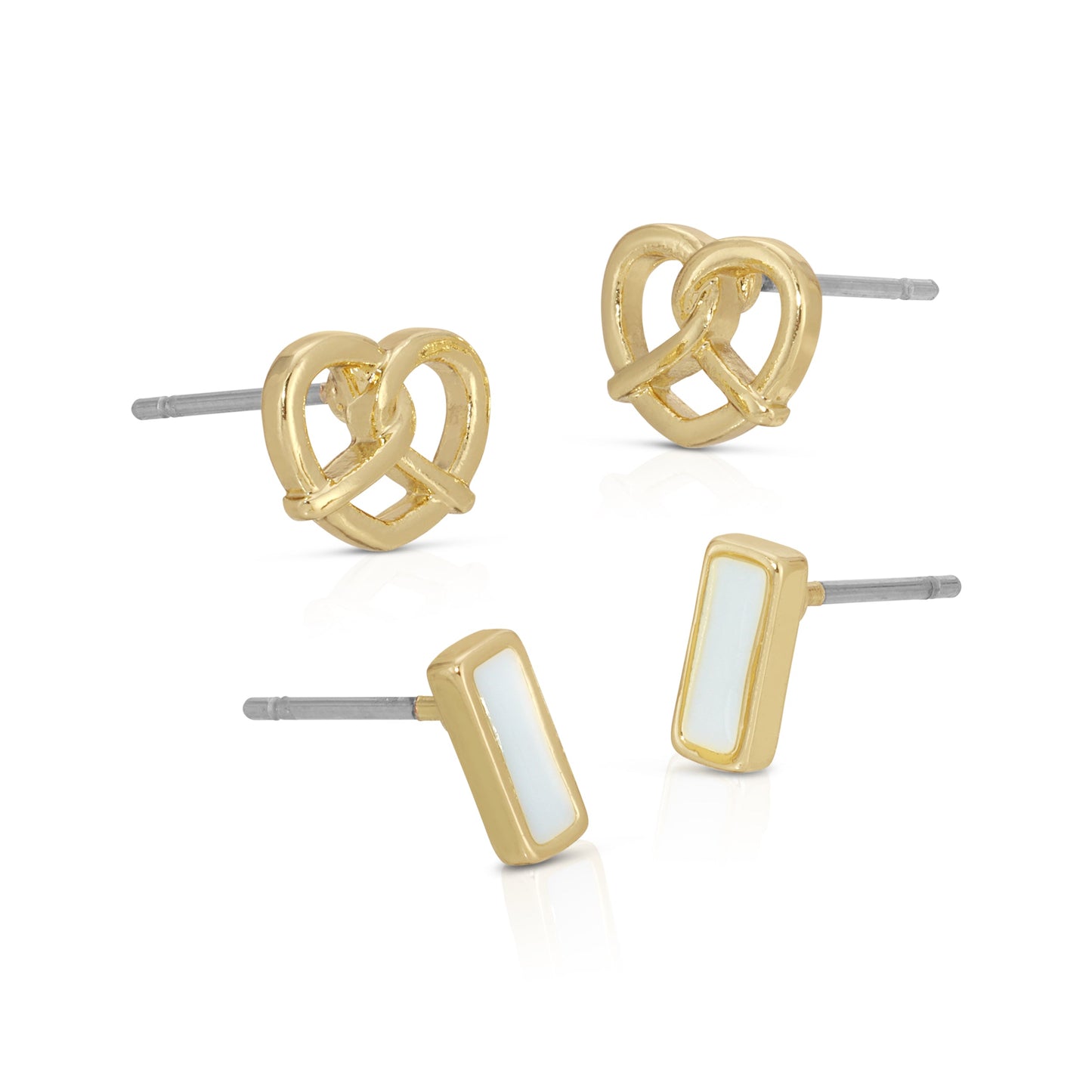 The image shows two pairs of earrings, one pair shaped like pretzels and the other rectangular with a white center, all with a gold-colored metal finish.
