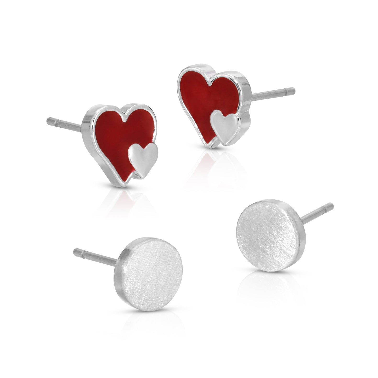 Two pairs of stud earrings are displayed, one pair featuring red heart outlines with smaller white hearts and the other pair featuring simple silver circles.