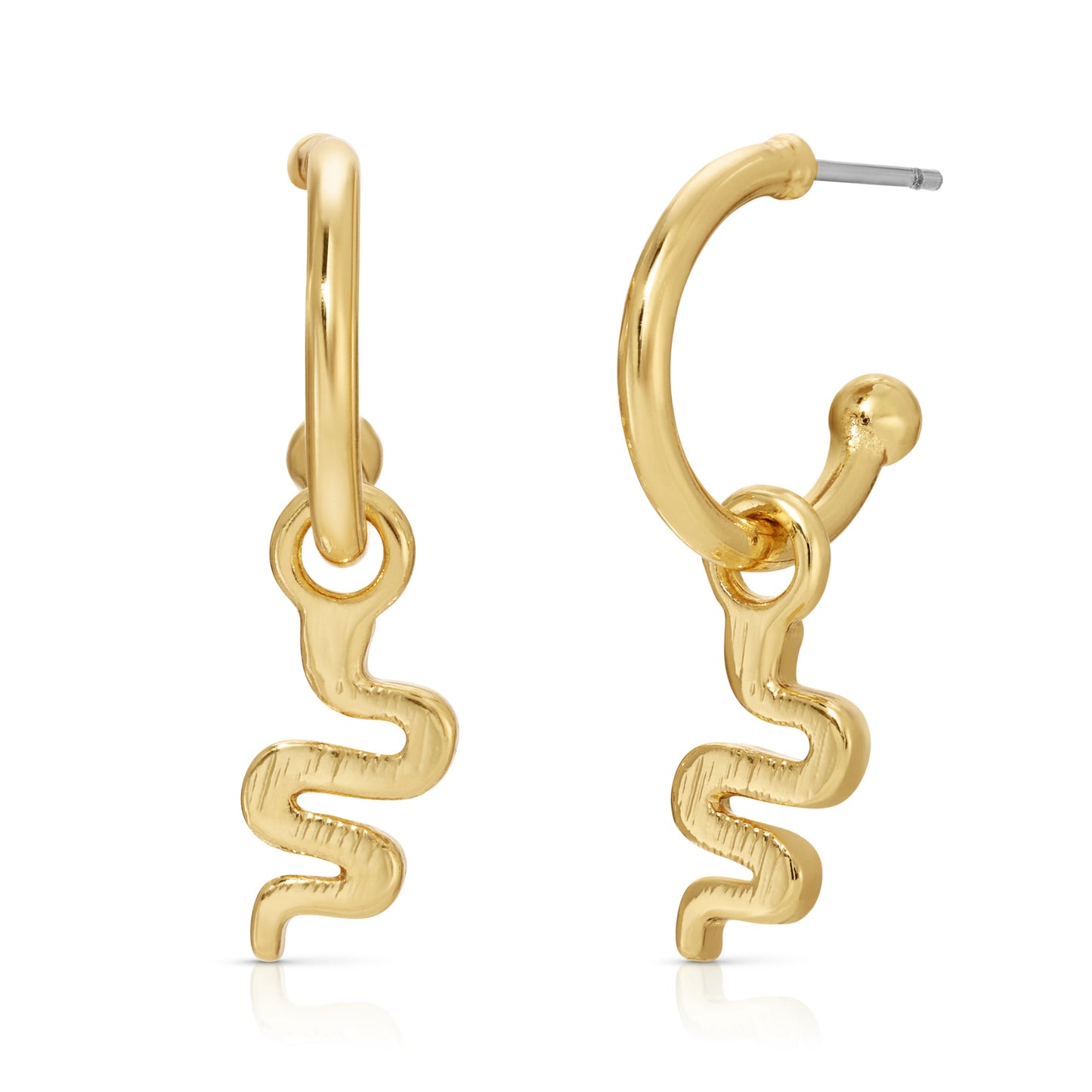 Two gold hoop earrings dangle snake charms.