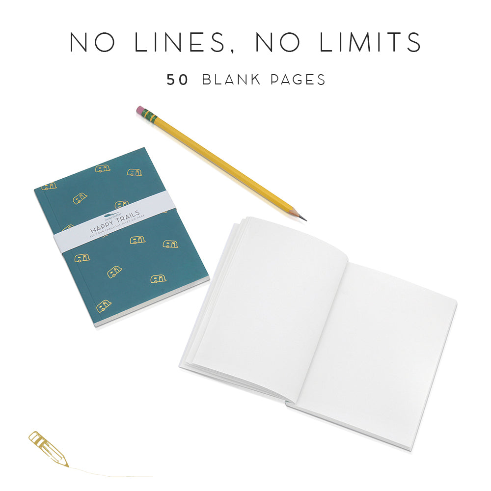A teal 'Happy Trails' notebook with camper pattern, a pencil, and an open notebook with blank pages are on a white background.