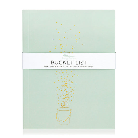 A light green journal titled 'Bucket List' with a drawing of a bucket and scattered gold specks.
