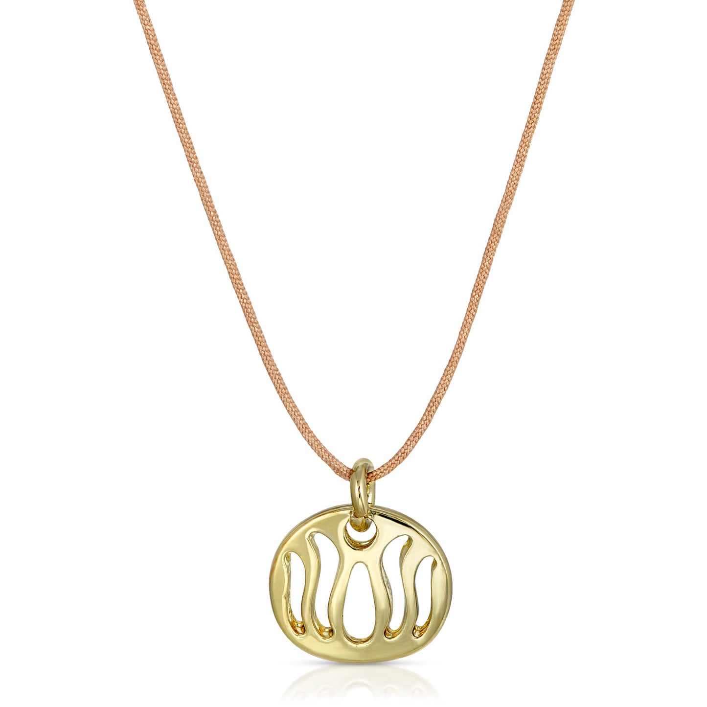 A gold pendant with an abstract design hangs from a thin, light-brown cord.