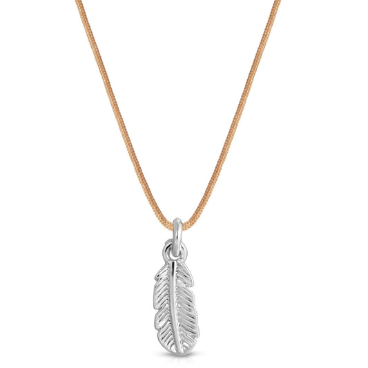 Necklace with a silver feather pendant on a tan cord.