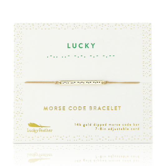 Lucky Feather brand bracelet with 'LUCKY' printed above a morse code translation.