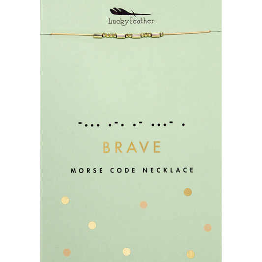 A 'Lucky Feather' brand necklace displayed on its packaging, labeled 'BRAVE' and 'MORSE CODE NECKLACE'.