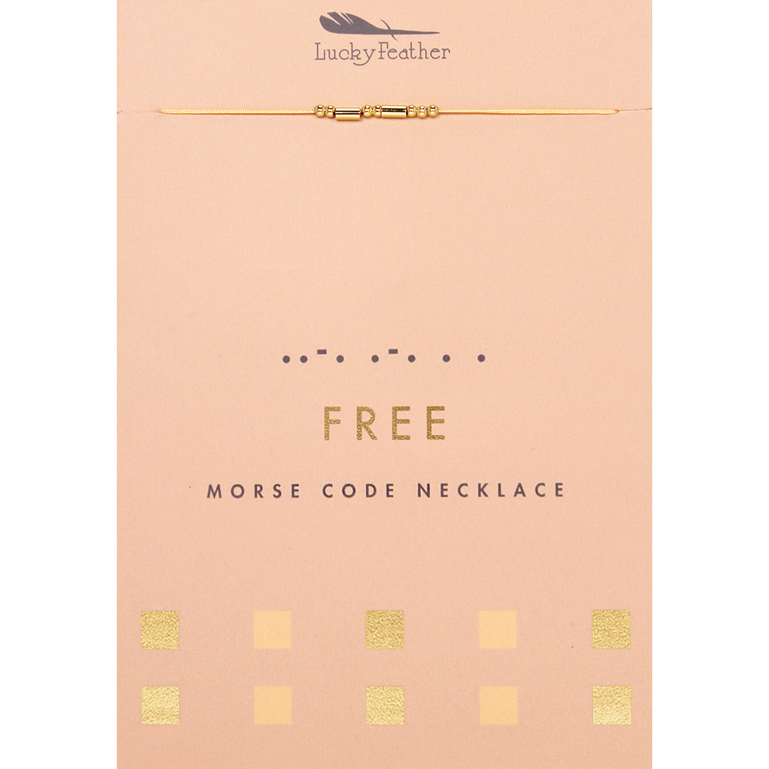 A gold-colored "Lucky Feather" necklace with beads is displayed on a card that says, "FREE MORSE CODE NECKLACE."