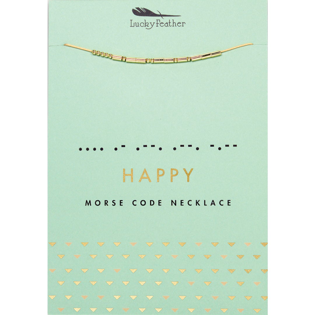 The image shows a "Lucky Feather" necklace displayed on a mint-colored card with gold lettering and morse code.