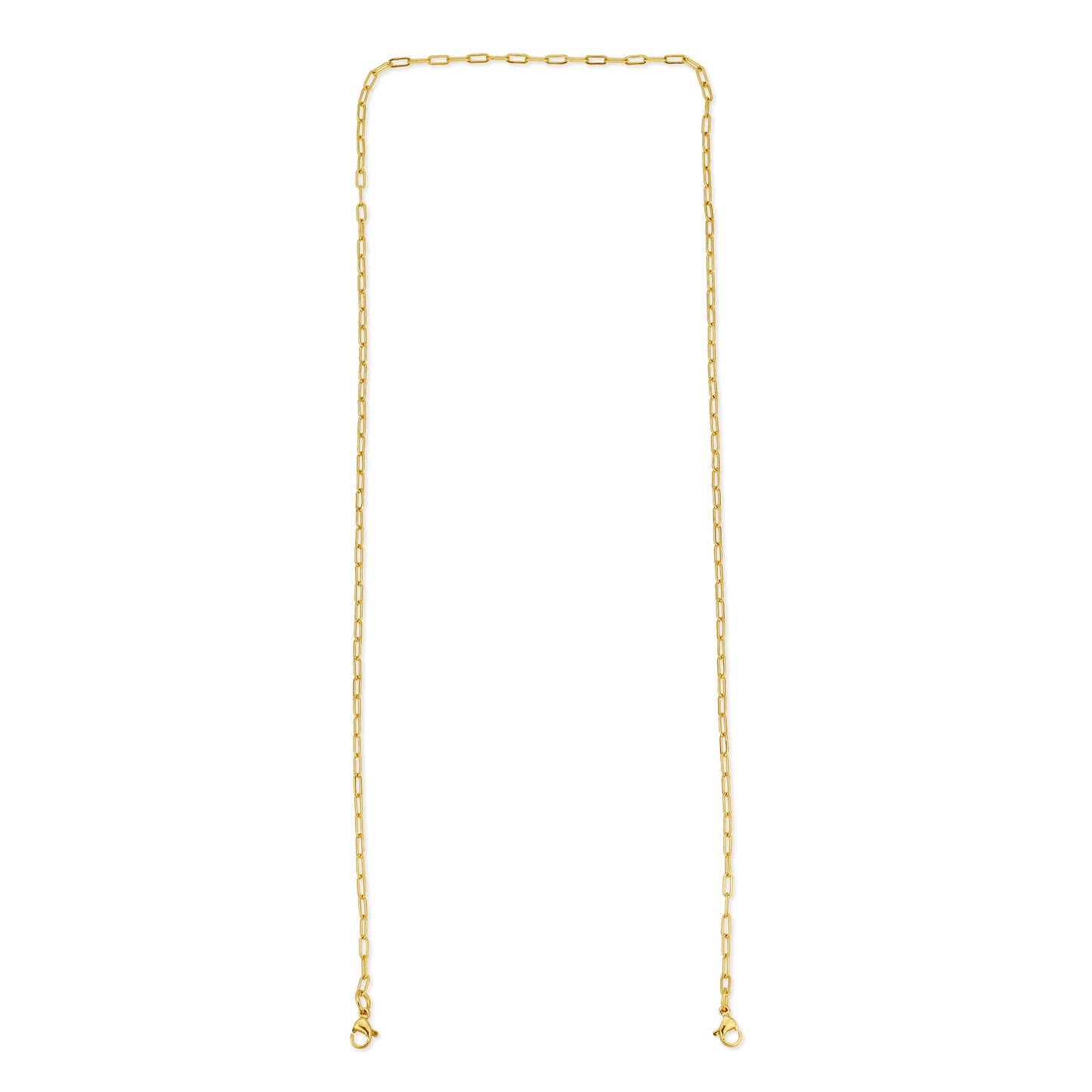 A gold-colored chain with lobster clasps is laid out vertically on a white background.