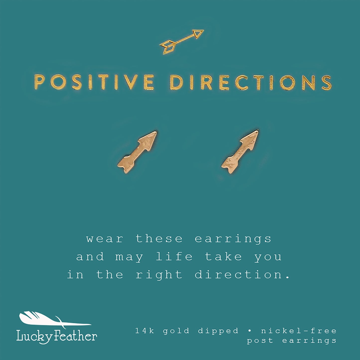 Image of gold arrow earrings and text against a teal background with the brand Lucky Feather.