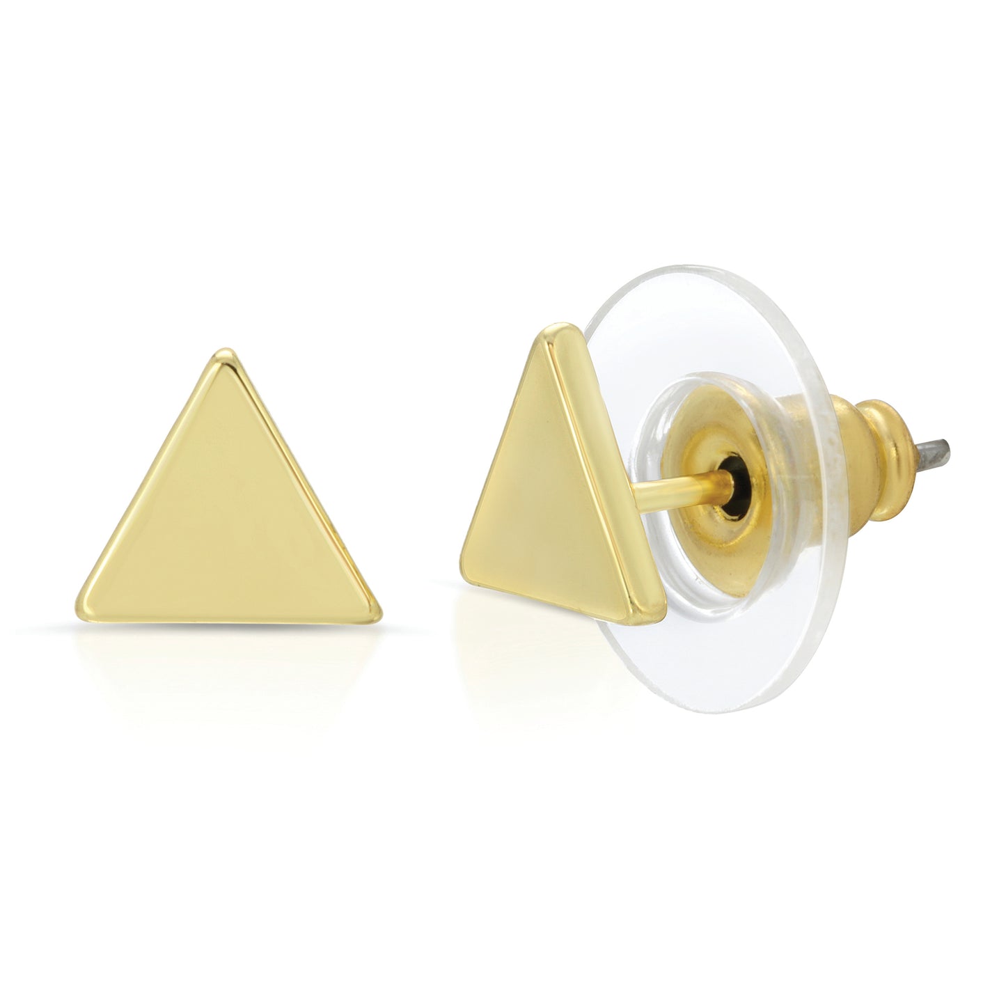 Two golden triangle stud earrings are displayed, one with a clear backing.