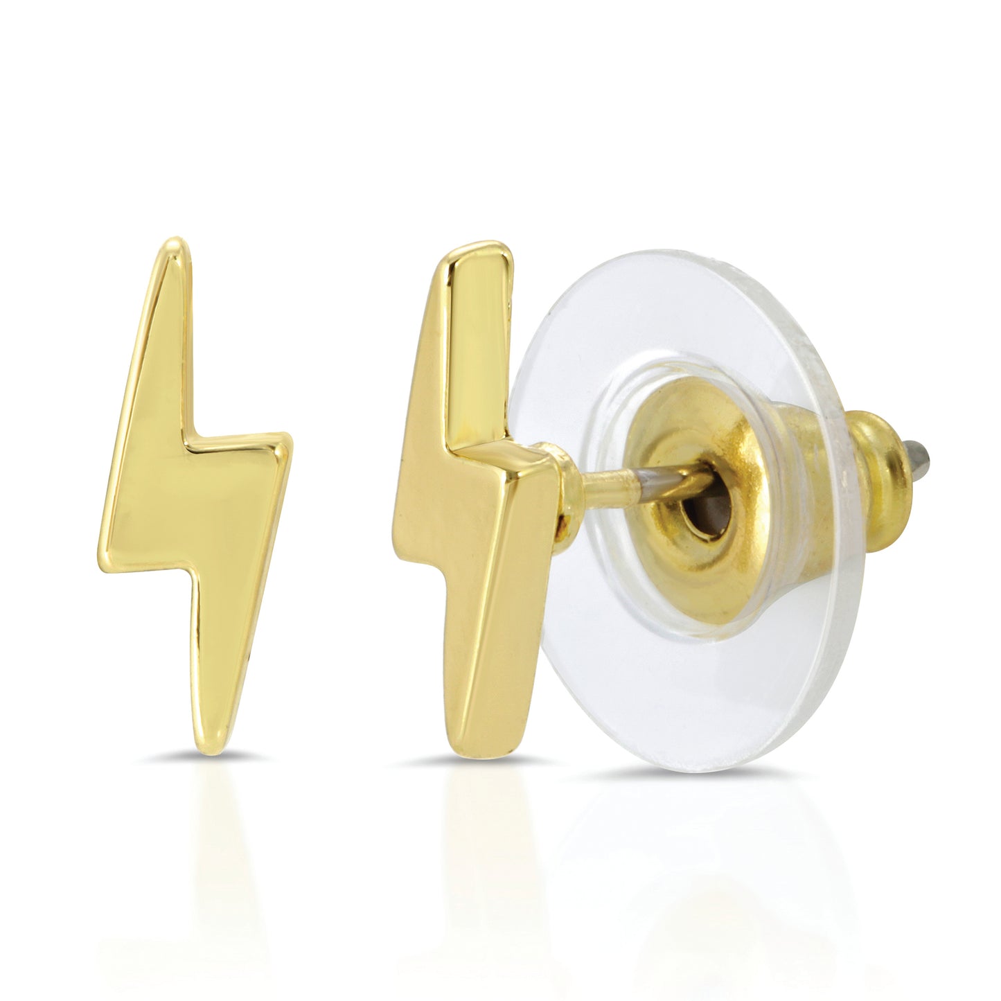 A pair of gold-colored lightning bolt stud earrings are shown.