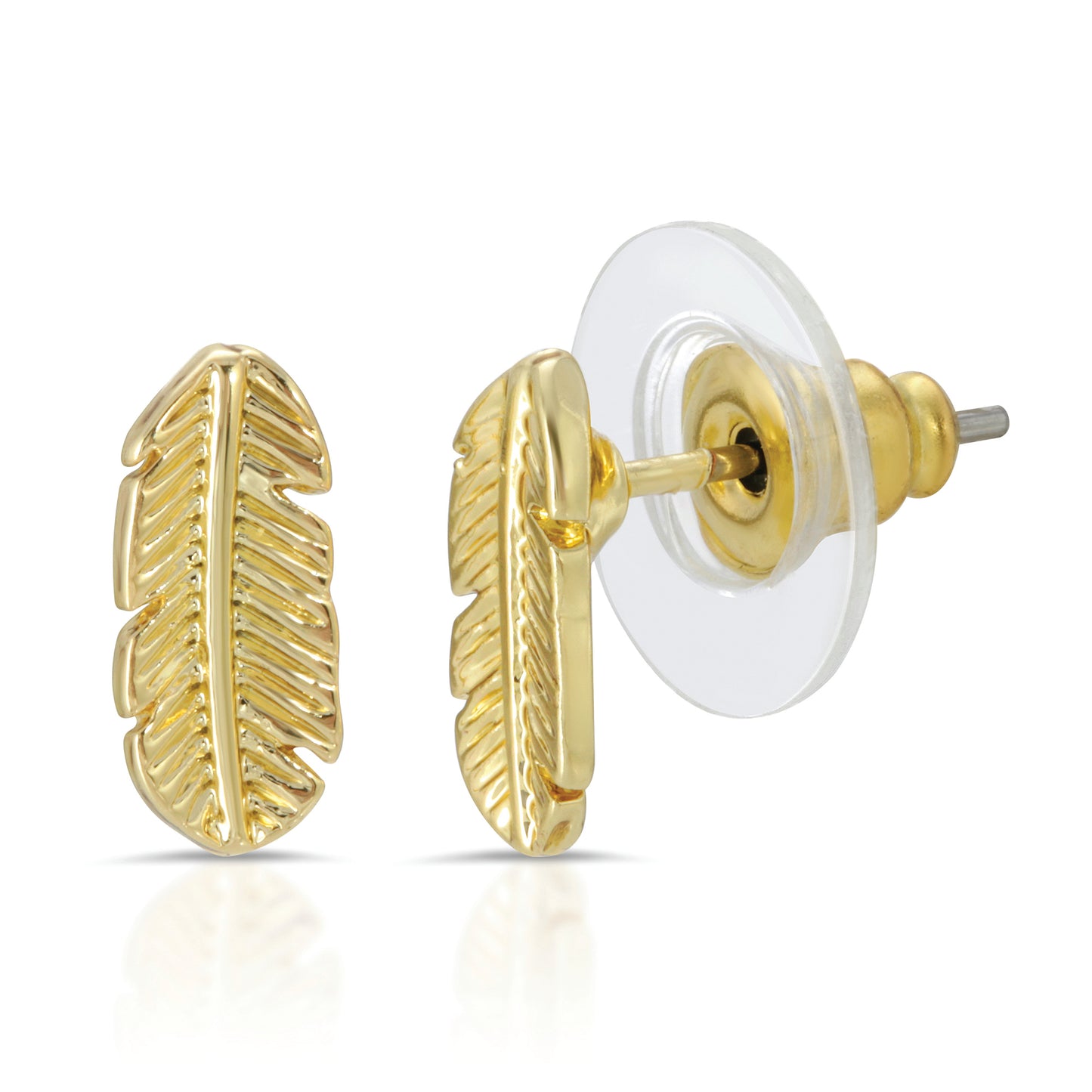 Two small, gold-colored feather-shaped stud earrings are displayed against a white background.