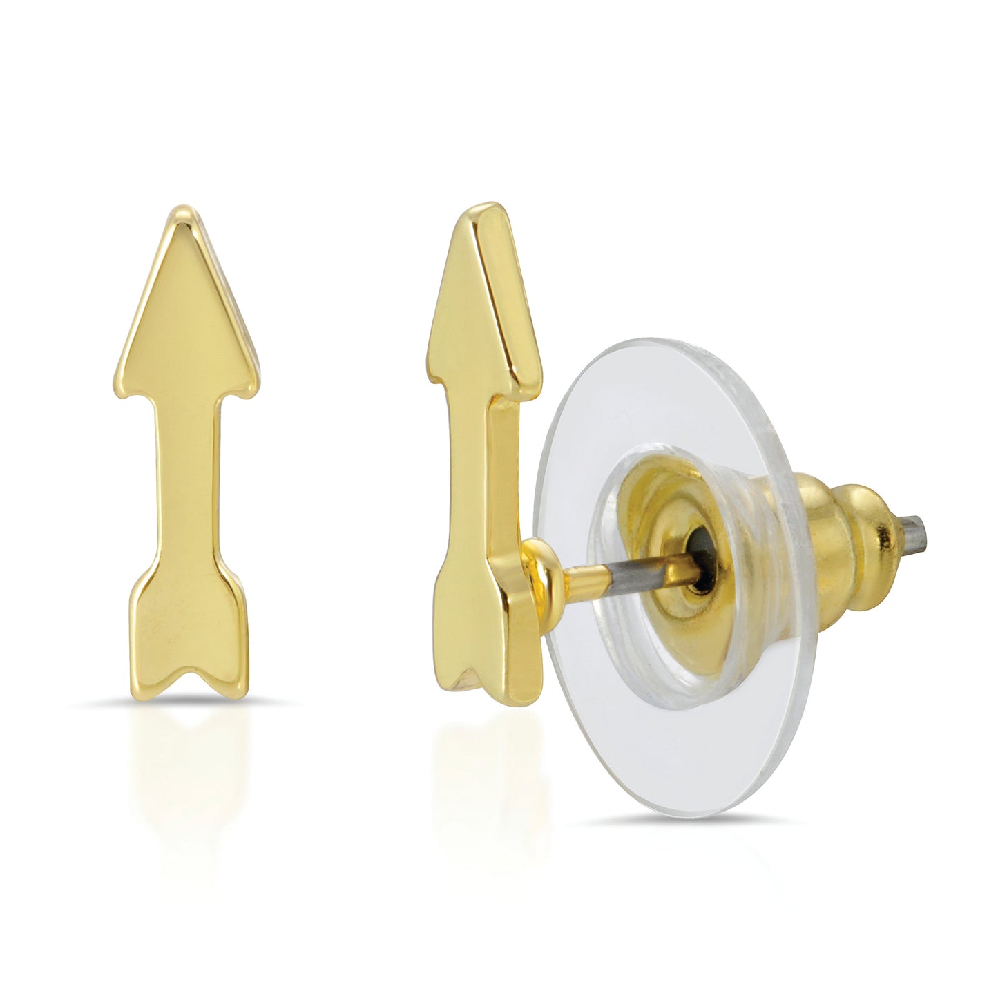 Two gold-colored arrow-shaped stud earrings are displayed against a white background, with one earring showing its post and backing.