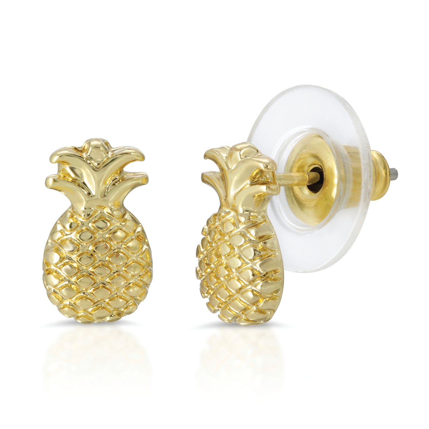 Two gold pineapple-shaped stud earrings are displayed against a white background.