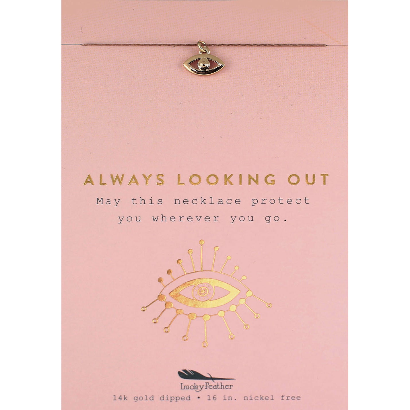 Close-up of a "Lucky Feather" necklace on a pink card with gold text and graphics.