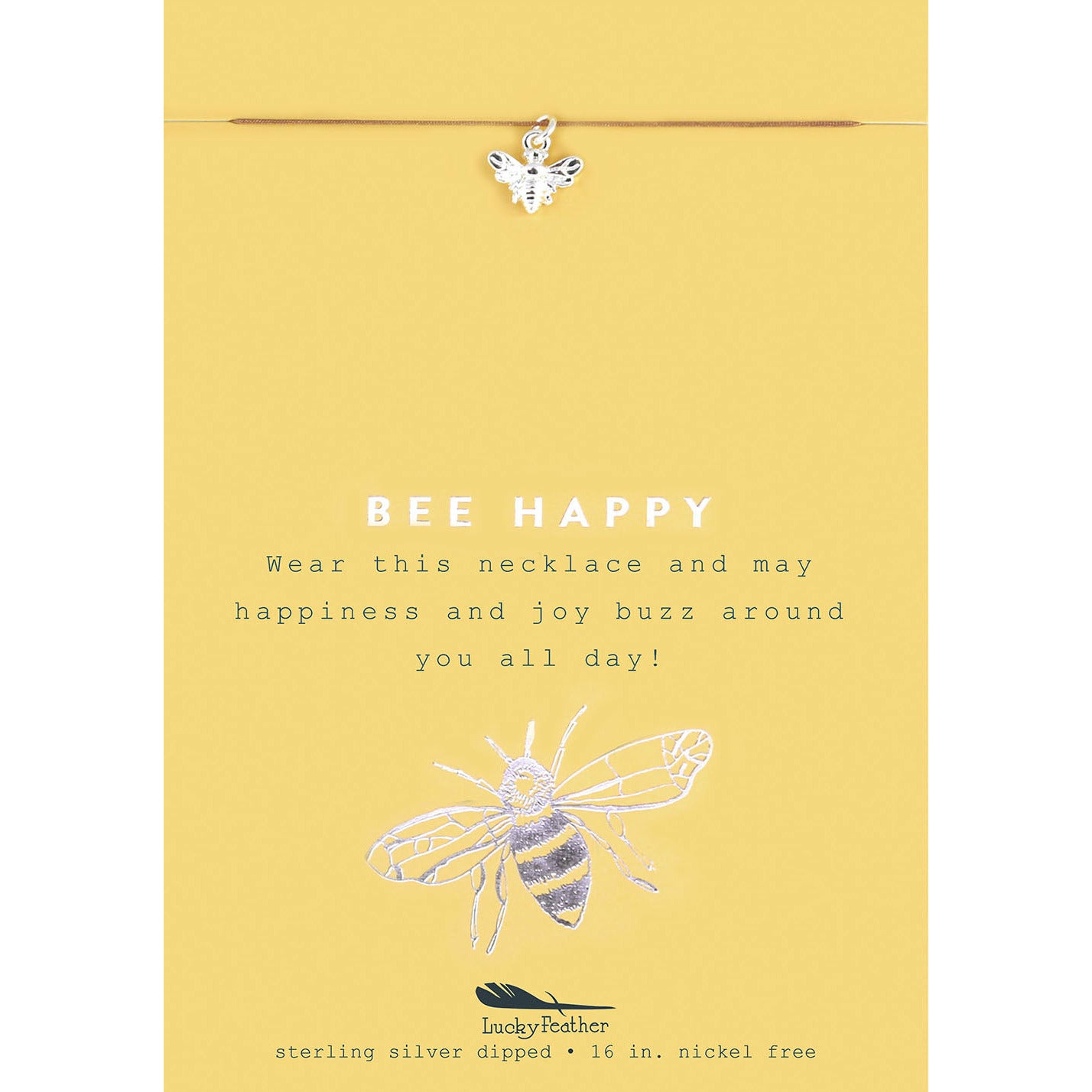 A bee charm necklace displayed on a yellow card with "BEE HAPPY" message and a bee illustration.