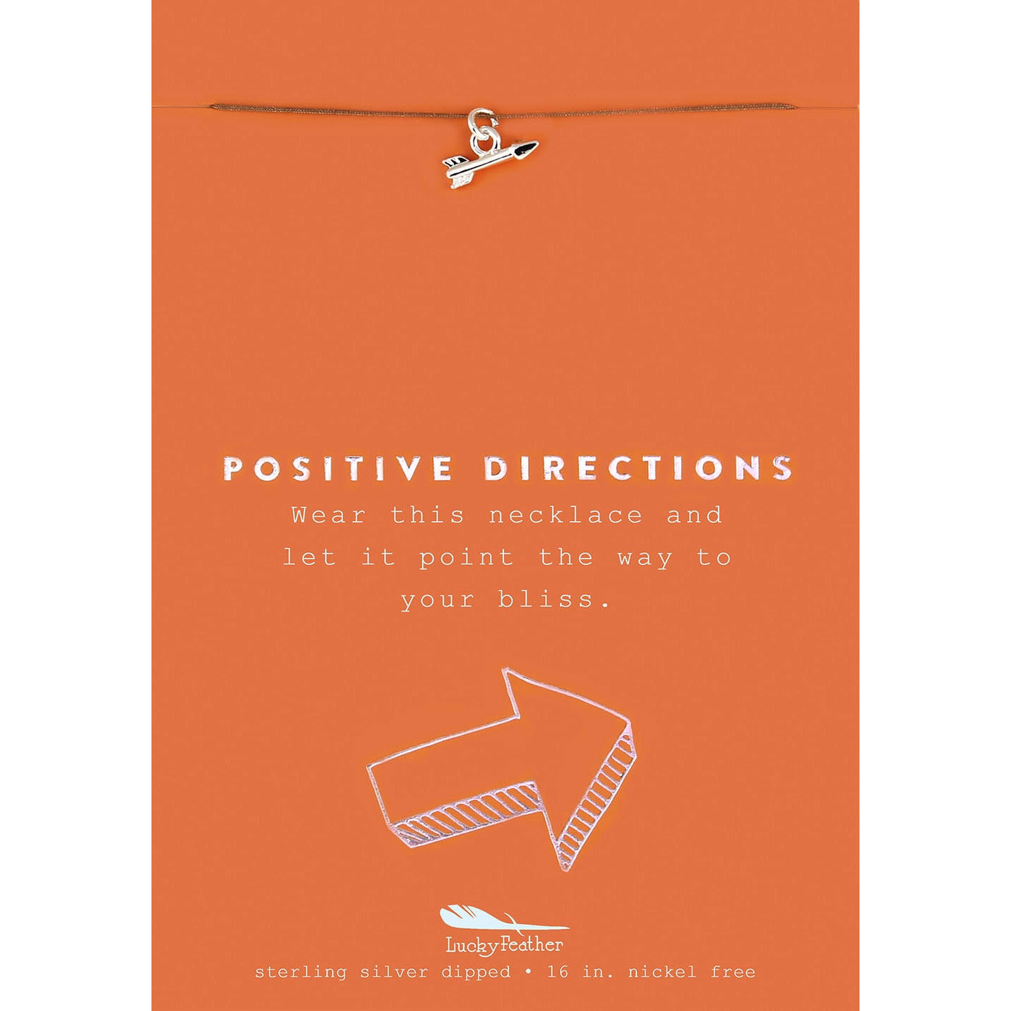 Arrow charm necklace on an orange display card with inspirational text and arrow graphic.