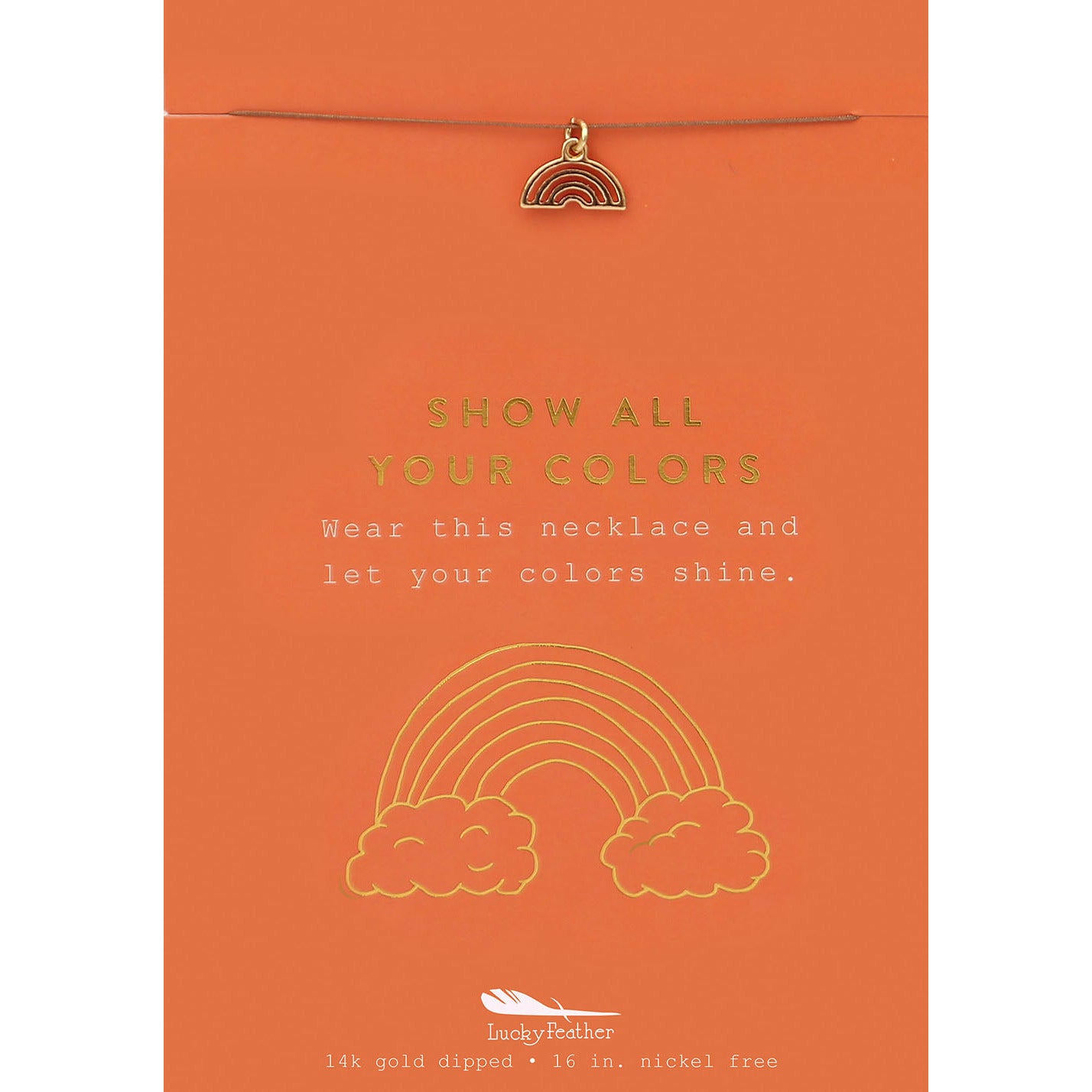 A greeting card displaying a necklace with a rainbow pendant.