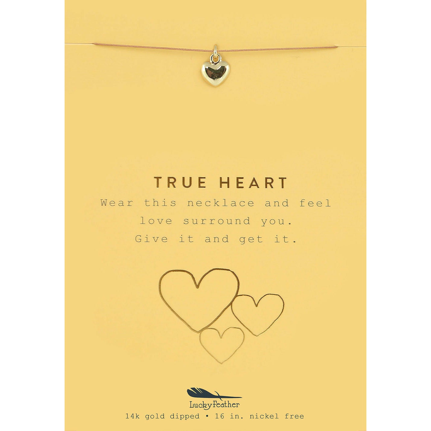A "True Heart" necklace on a yellow card with heart illustrations.