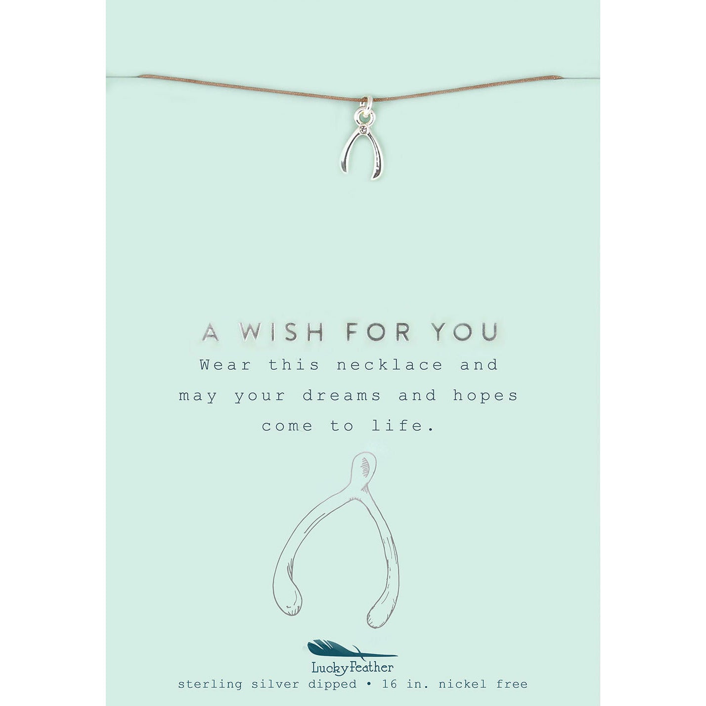 A wishbone pendant necklace on a light blue card.
