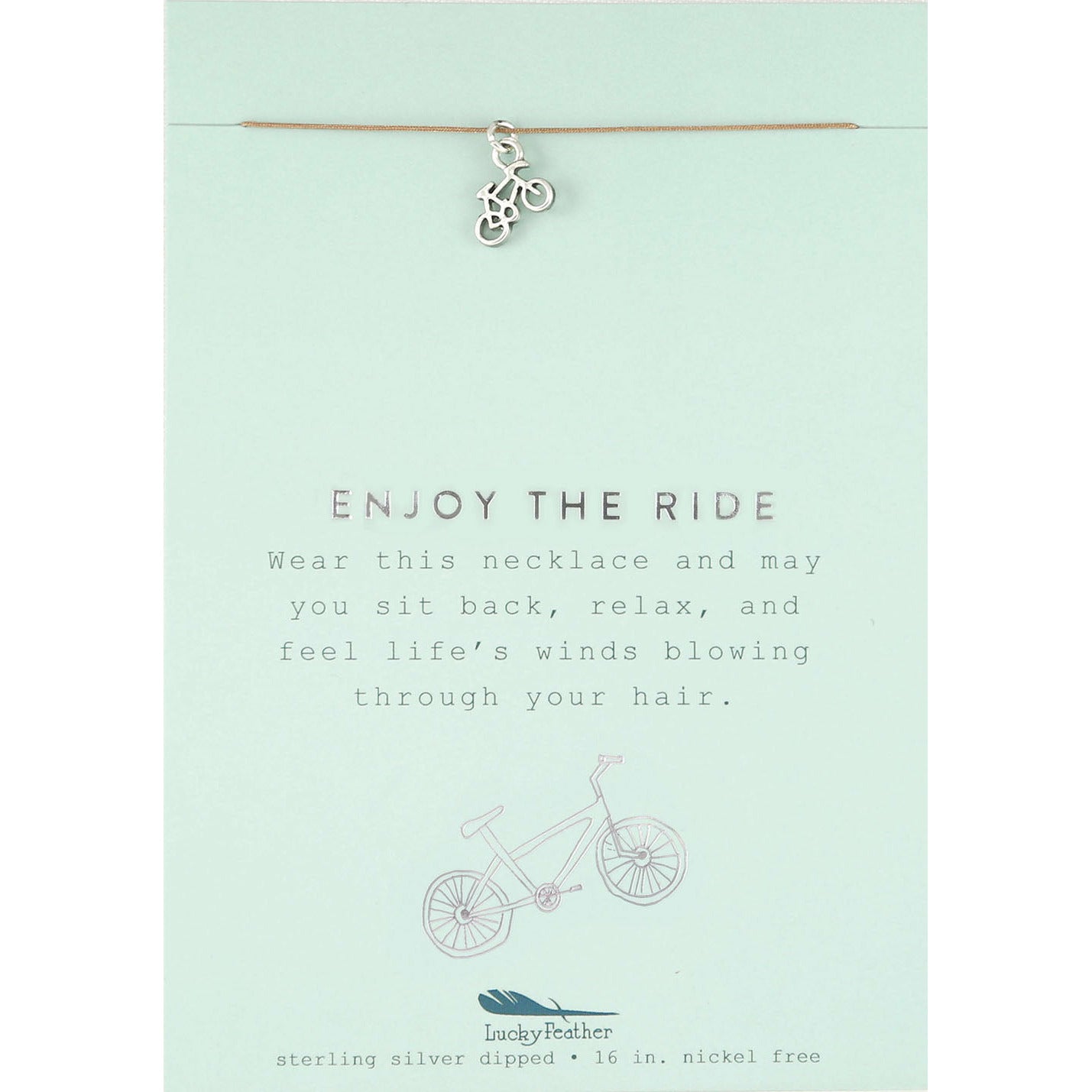 A "Lucky Feather" necklace with a bicycle charm on a card that reads "Enjoy the Ride."