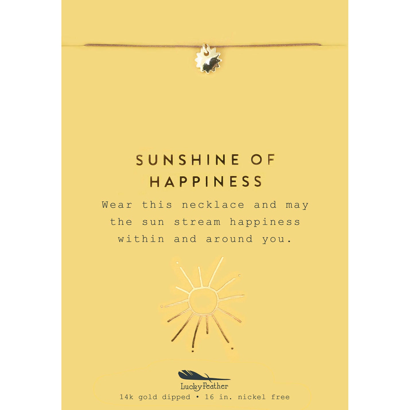 Necklace with sun charms on yellow display card that reads "Sunshine of Happiness".