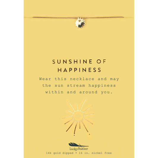 Necklace with sun charms on yellow display card that reads "Sunshine of Happiness".
