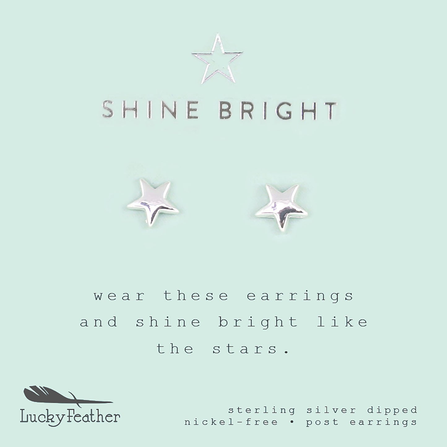 A light blue card displays two star-shaped earrings, the text "SHINE BRIGHT", and the "Lucky Feather" logo.
